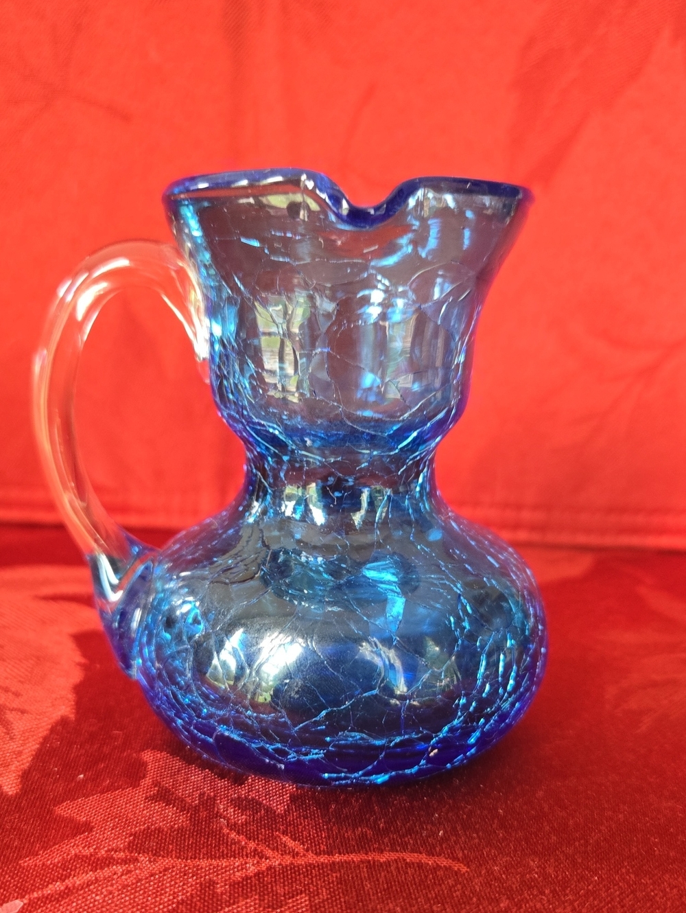 Vintage Hand-Blown Blue Crackle Glass Mini Pitcher Creamer With Clear Handle